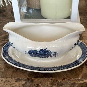 Vintage Nikko Ironstone Gravy Boat Harmony House Blue Royal Attached Under Plate